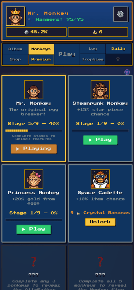 Monkey companion selection screen