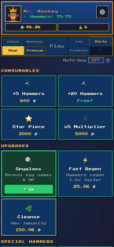 Upgrade shop with hats and hammers